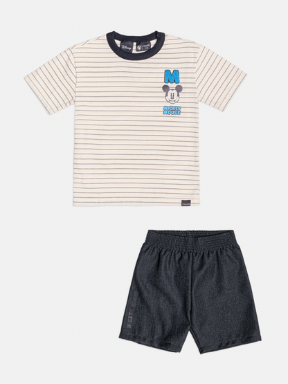 Conjunto Infantil Camiseta Listrada Mickey e Bermuda Sarja Preta - Youccie