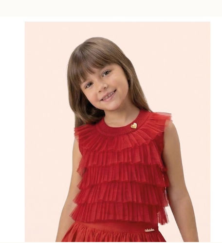 Conjunto Infantil Regata Canelada Vermelha com Babados em Tule Shorts Balonê Branco - Luluzinha