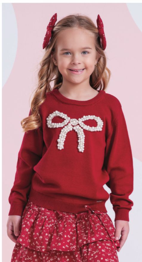 Blusa Infantil Tricot Laço Bordado Pérolas E Cristais Bala de Cereja - Pituchinhus