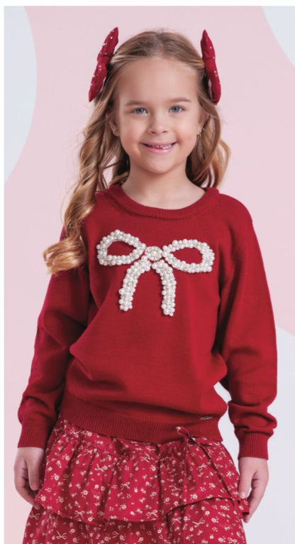 Blusa Infantil Tricot Laço Bordado Pérolas E Cristais Bala de Cereja - Pituchinhus