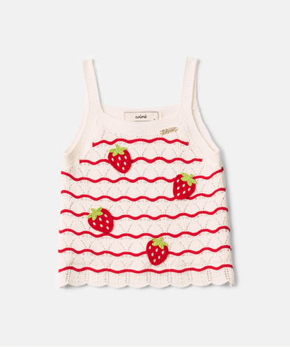 Conjunto Infantil Blusa de Tricot Off White com Listras Vermelhas e Morangos Short Jeans  Chaveiro de Frutinha – Animê