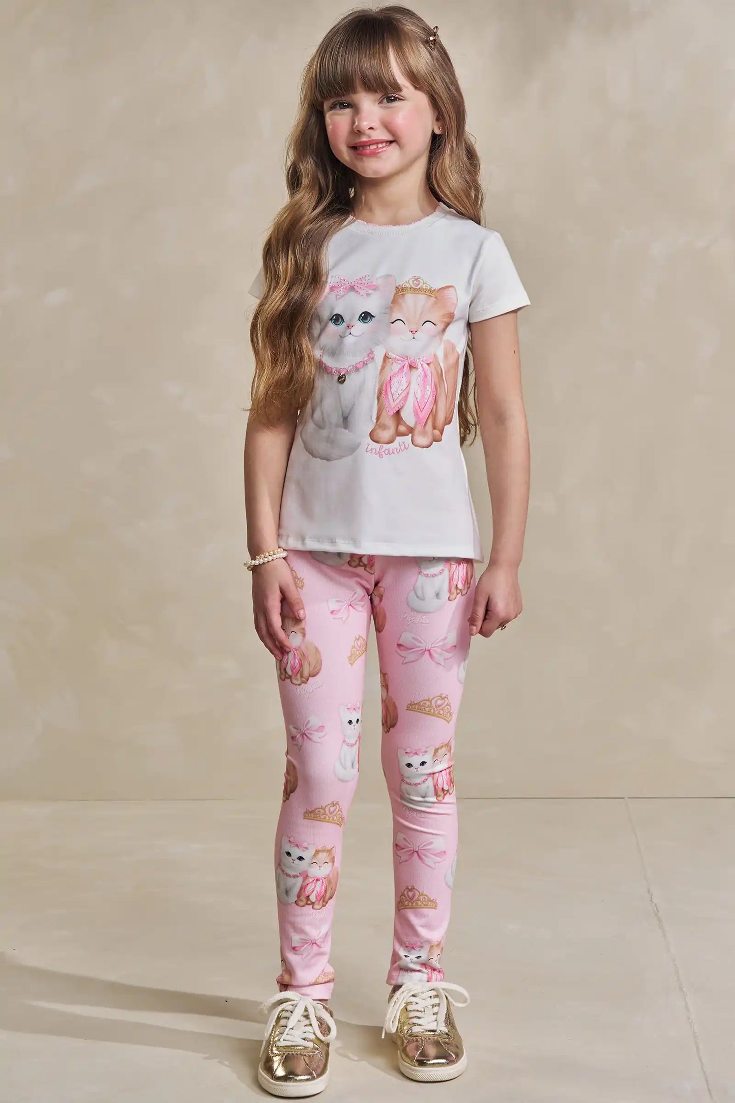 Conjunto Infantil Blusa Puppy And Kitten e Calça Estampada Rosa Claro - Infanti