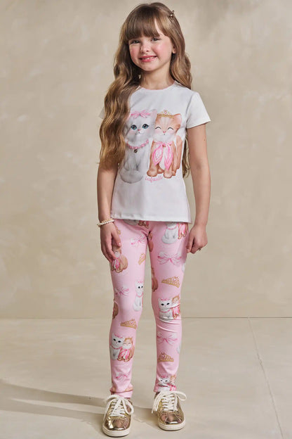 Conjunto Infantil Blusa Puppy And Kitten e Calça Estampada Rosa Claro - Infanti