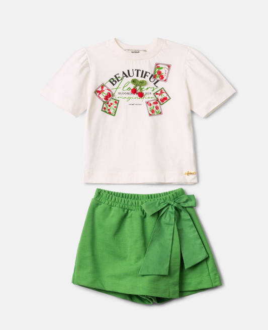 Conjunto Infantil Blusa Cereja Short Saia Verde - Animê