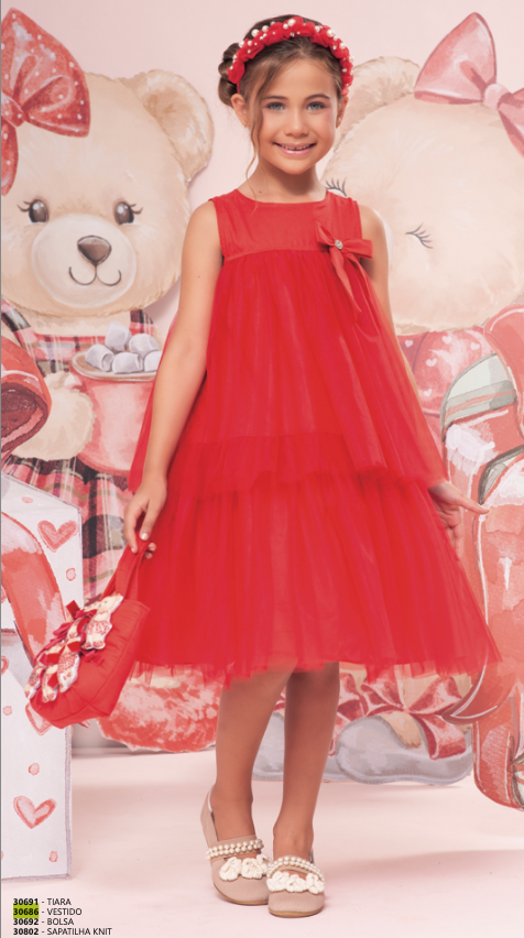 Vestido Infantil Vermelho em Tule com Babados e Lacinho Brilhante - Pituchinhus