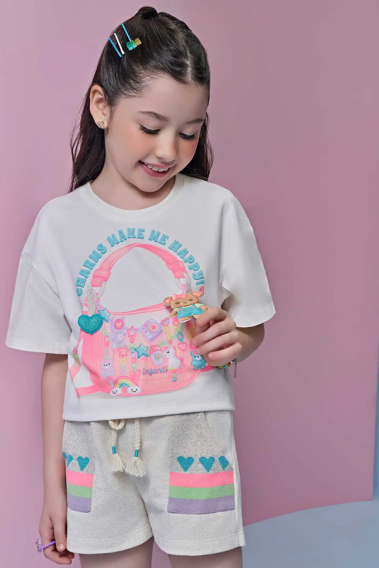 Conjunto Infantil Blusa Charms e Shorts Bolsos Corações - Infanti
