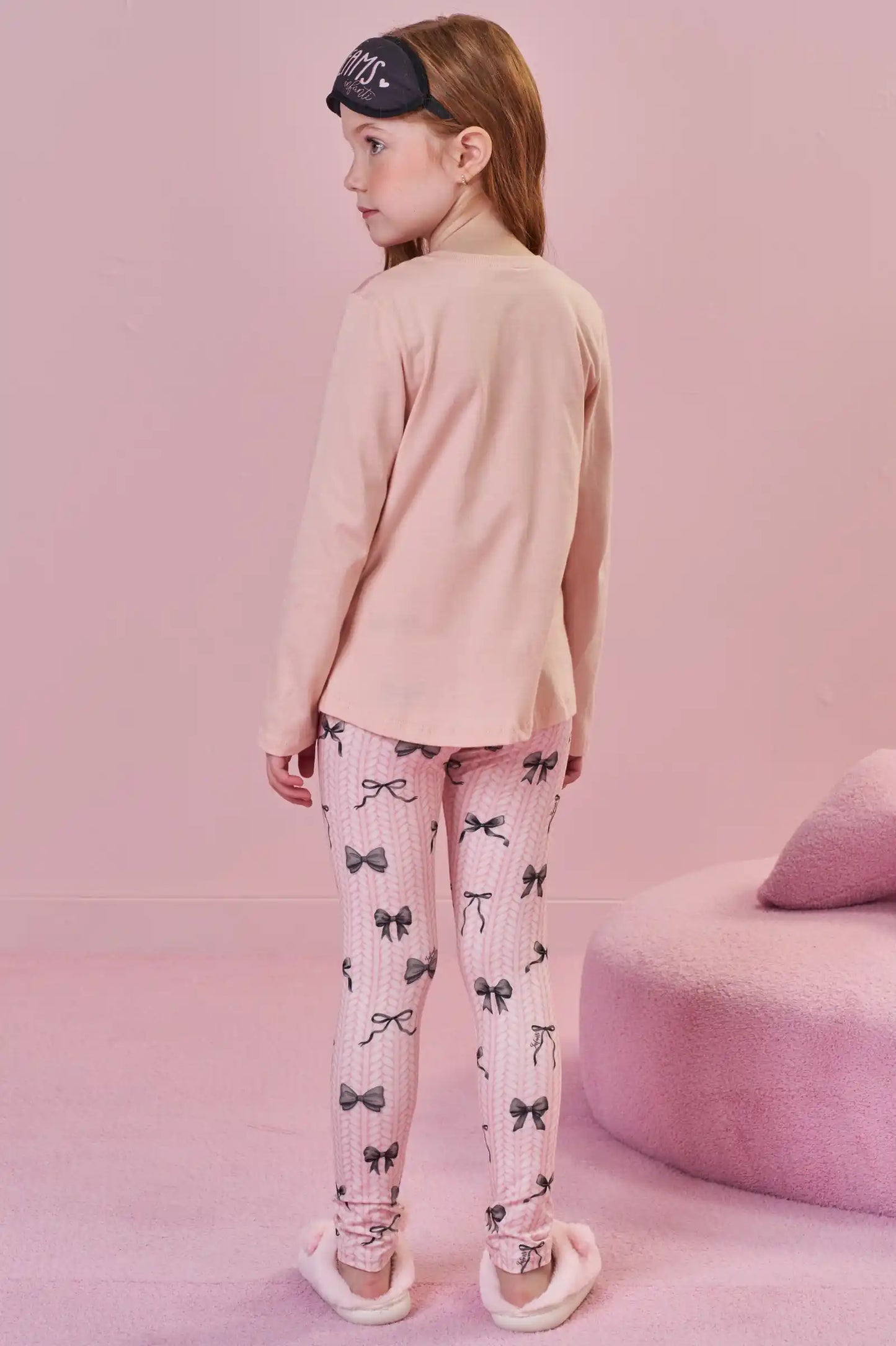 Pijama Infantil Blusa ML Ursinha Beauty e Calça Lacinhos Rosa Seda com Máscara - Infanti