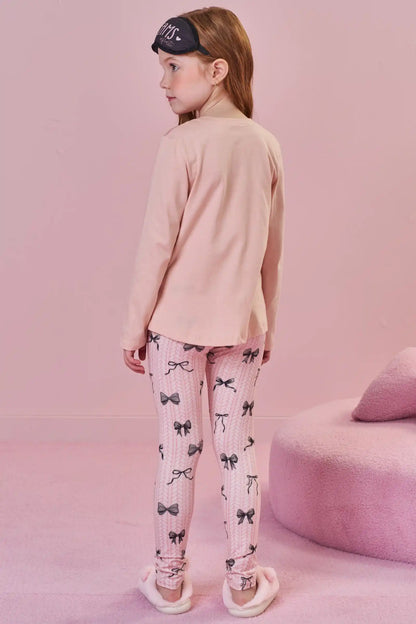 Pijama Infantil Blusa ML Ursinha Beauty e Calça Lacinhos Rosa Seda com Máscara - Infanti