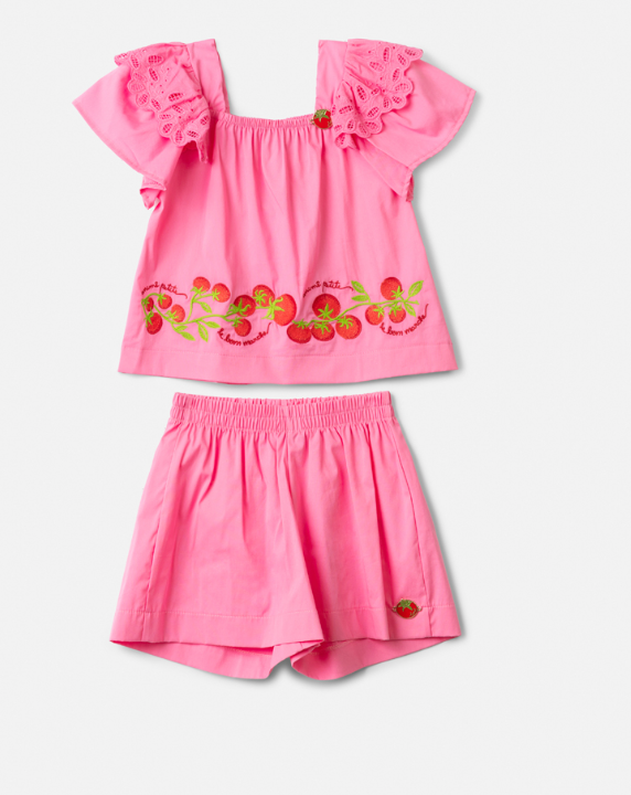 Conjunto Infantil Blusa Mangas Amplas Estampa Tomates e Shorts Saia Rosa - Animê
