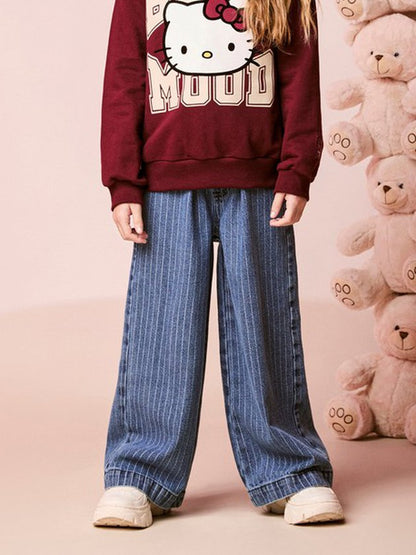 Conjunto Infantil Casaco  Over Hello Kitty Cranberry Juice e Calça Jeans Listrada Cós Duplo - Momi