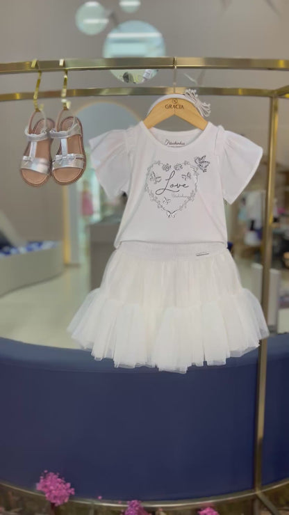 Conjunto Infantil Blusa Coração e Saia-shorts de Tule - Pituchinhus