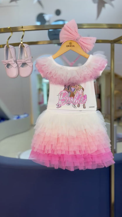 Conjunto Blusa Ombro a Ombro Tule & Saia Babados Tule Rosa - Barbie by Pituchinhus