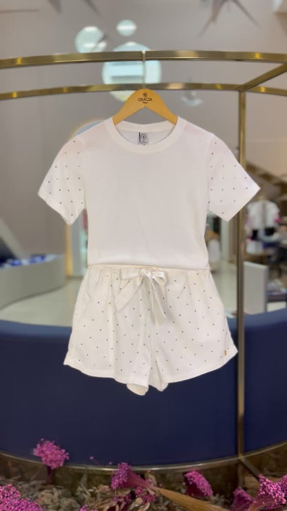 Conjunto Teen T-Shirt Cropped de Algodão com Strass & Shorts de Sarja de Algodão com Liocel e Strass - Two In