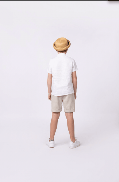 Conjunto bata off white e bermuda social areia - Gracia