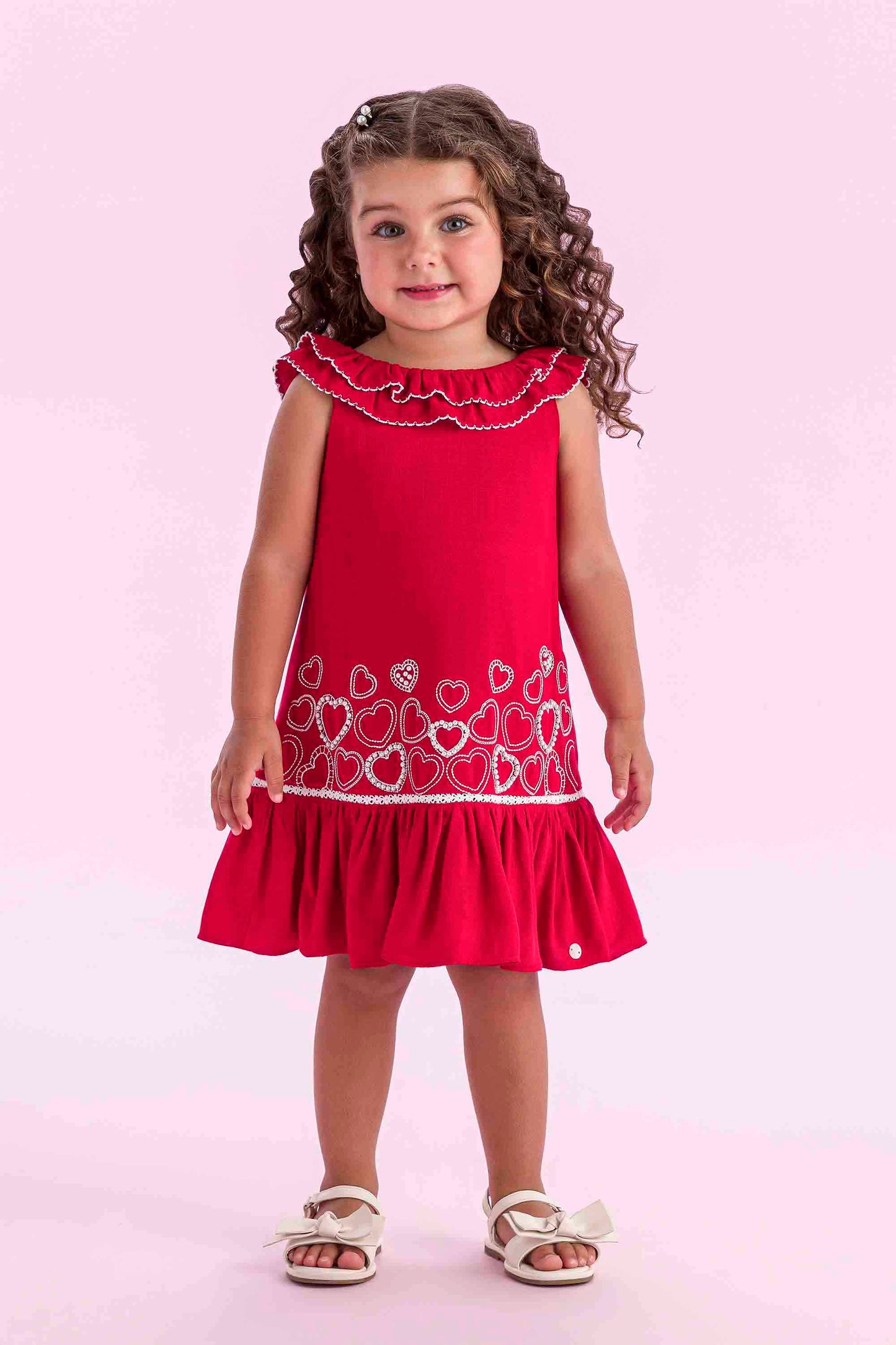 Vestido Infantil Trapézio Linho Vermelho Bordado Branco