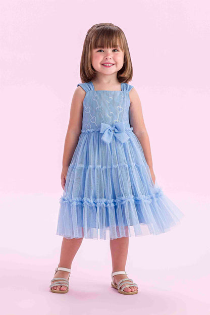 Vestido Infantil Tule Bordado Corações e Laço Frontal Azul Baby - Petit Cherie
