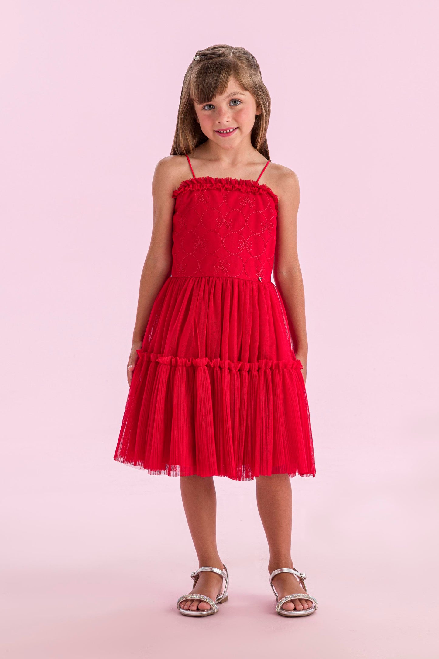 Vestido Infantil Laços Bordados Vermelho - Petit Cherie