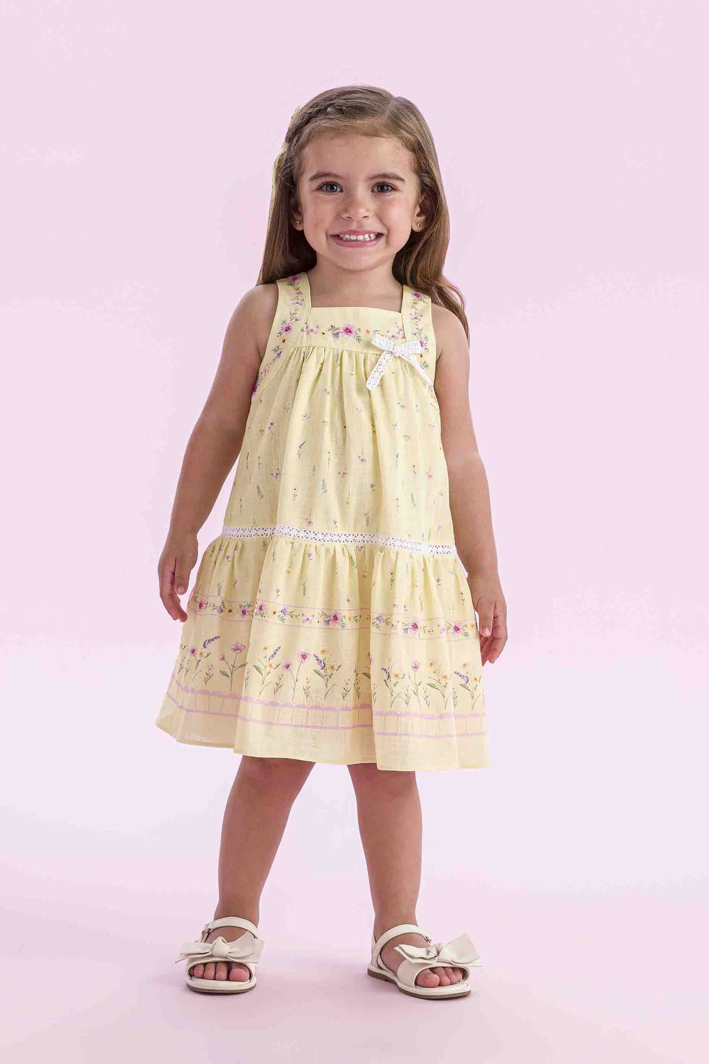 Vestido Infantil Trapézio Algodão Amarelo Estampado Flores - Petit Cherie