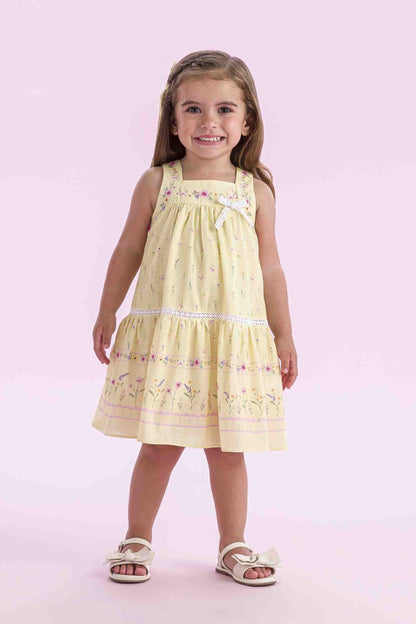 Vestido Infantil Trapézio Algodão Amarelo Estampado Flores - Petit Cherie
