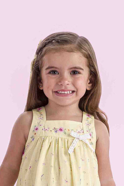 Vestido Infantil Trapézio Algodão Amarelo Estampado Flores - Petit Cherie